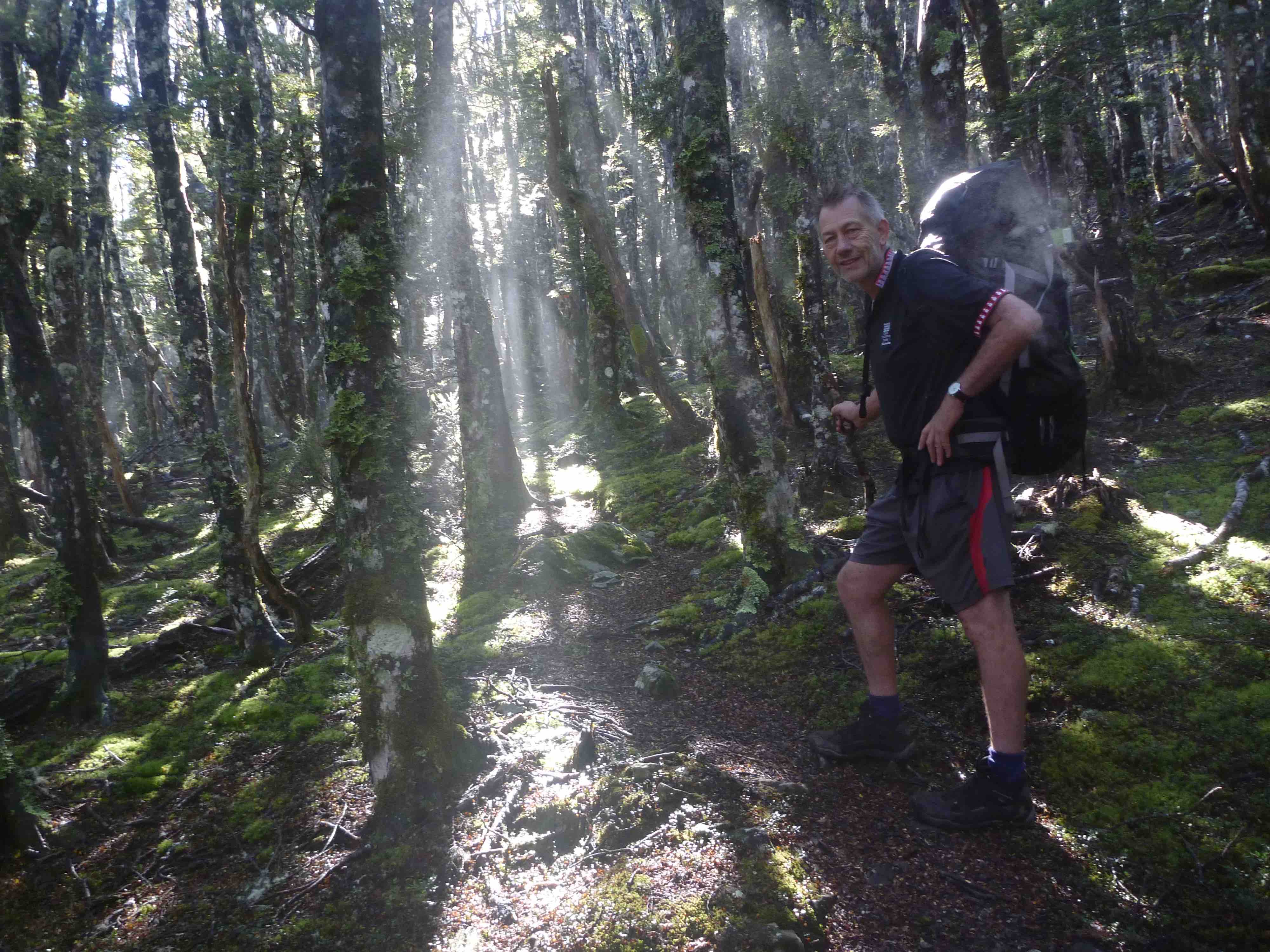 Phil in the misty ascent to Mt Cedric