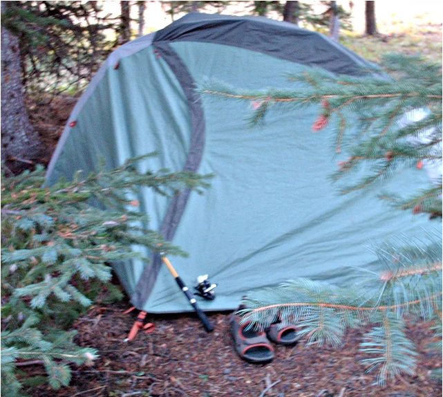 tent, sandals, hiking poles