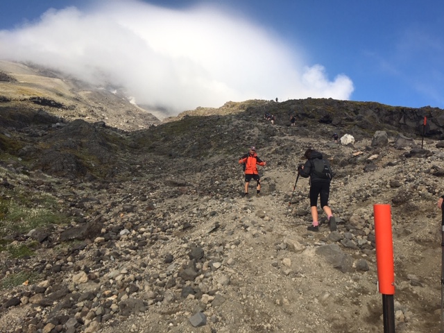 Orange poles on the track to help while climbing Mt Taranaki