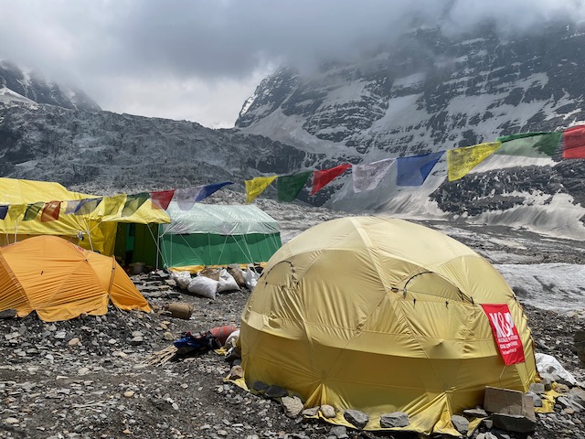 The campsite of the Kobler & Partner climbing expedition - looking up at the route to Camp 1 